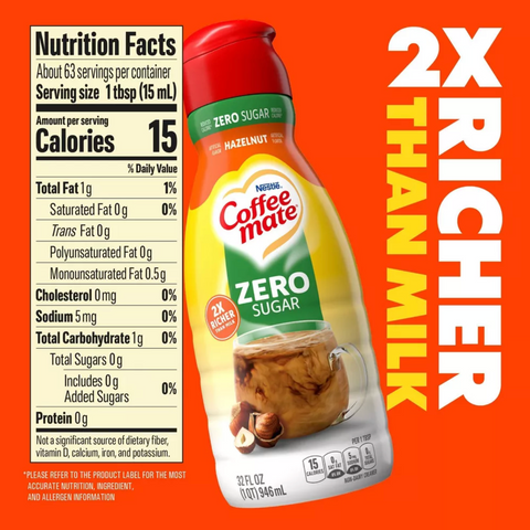 Coffee mate Zero Sugar Hazelnut Coffee Creamer, 32 fl oz