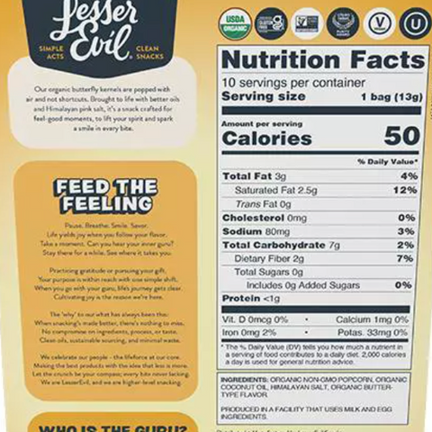 Lesserevil Organic Himalayan Gold Snack Pack Popcorn, 4.6oz, 10 Count
