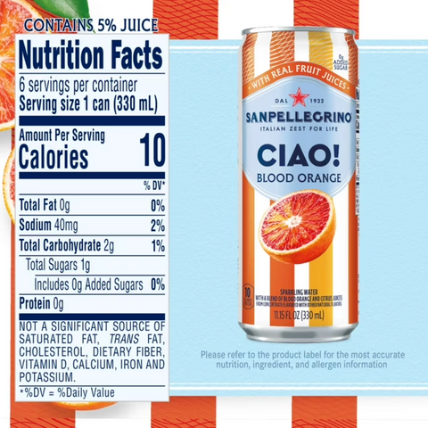 SanPellegrino CIAO Blood Orange Flavored Sparkling Water with Real Fruit Juices: Blood Orange Flavor. 6 Count
