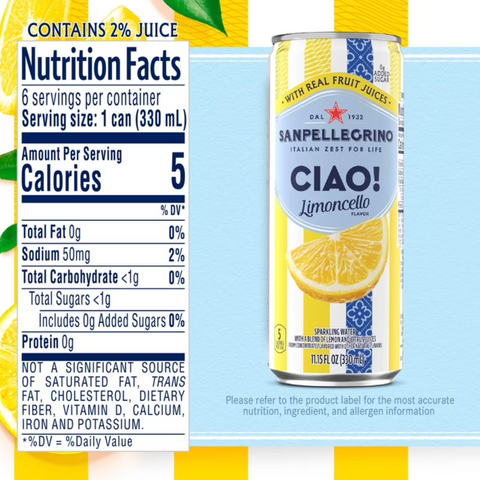 SanPellegrino CIAO! Flavored Sparkling Water, Limoncello, Real Fruit Juice, 6 Count