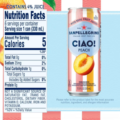 SanPellegrino CIAO Peach Sparkling Flavored Water with Real Fruit Juices, 6 Count