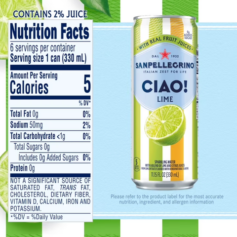 SanPellegrino CIAO Lime Sparkling Flavored Water with Real Fruit Juices, 6 Count