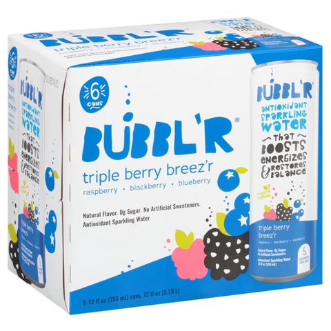 BUBBL'R Antioxidant Sparkling Water, Triple Berry Breez'r, 12 fl oz, 6 Count