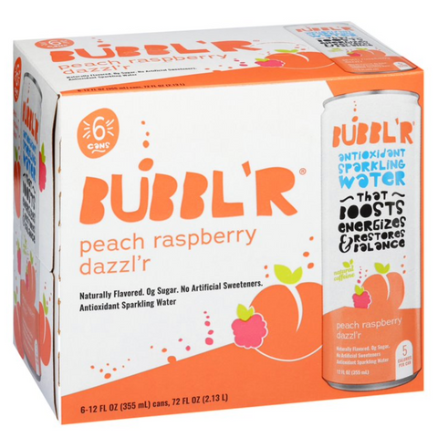 BUBBL'R Antioxidant Sparkling Water, Peach Raspberry Dazzl'r, 12 fl oz, 6 Count