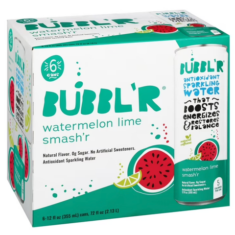 BUBBL'R Antioxidant Sparkling Water, Watermelon Lime Smash'r, 12 fl oz, 6 Count