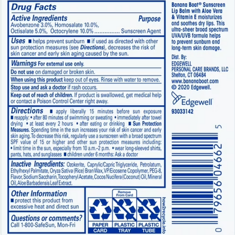 Banana Boat Lip Balm SPF 45, with Aloe Vera & Vitamin E, 0.15 oz