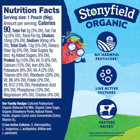 Stonyfield Organic Strawberry Whole Milk Yogurt Pouches, 4 Count