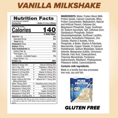Pure Protein Complete Meal Replacement Shakes, Vanilla Milkshake, 11oz, 4 Count
