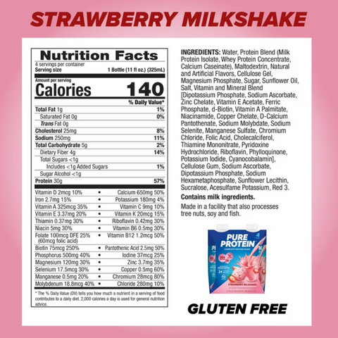 Pure Protein Complete Meal Replacement Shakes, Strawberry, 11oz, 4 Count