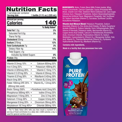Pure Protein Complete Meal Replacement Shakes, Brownie Batter, 11oz, 4 Count