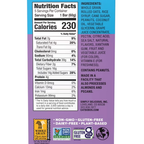 Bobo's PB&Js, Peanut Butter Oat Crust With Grape Filling, 5 Count