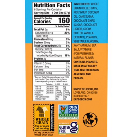 Bobo's Oat Bites, Peanut Butter Chocolate Chip, 6 Count
