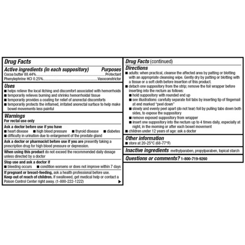 Equate Cocoa Butter Phenylephrine HCl Hemorrhoid Relief Suppository for Hemorrhoids, 24 Count