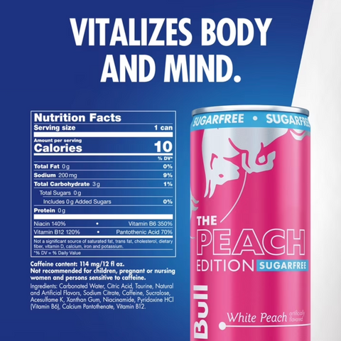 Red Bull Peach Edition Sugar Free Energy Drink, White Peach, 12 fl. oz., 4 Count