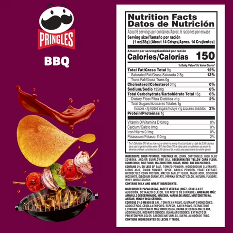 Pringles BBQ Potato Crisps Chips, Lunch Snacks, 5.5 oz