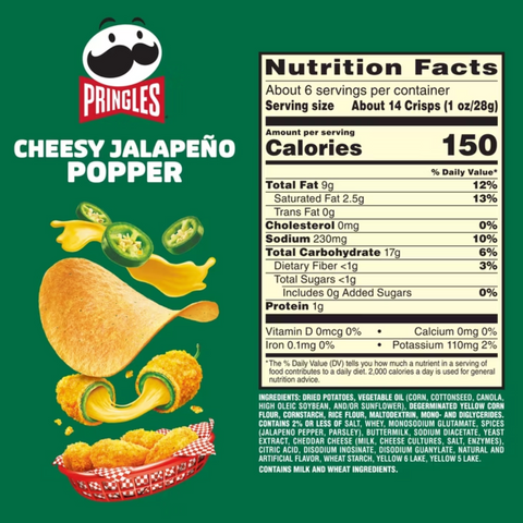 Pringles Cheesy Jalapeno Popper Potato Crisps Chips, Lunch Snacks, 5.5 oz