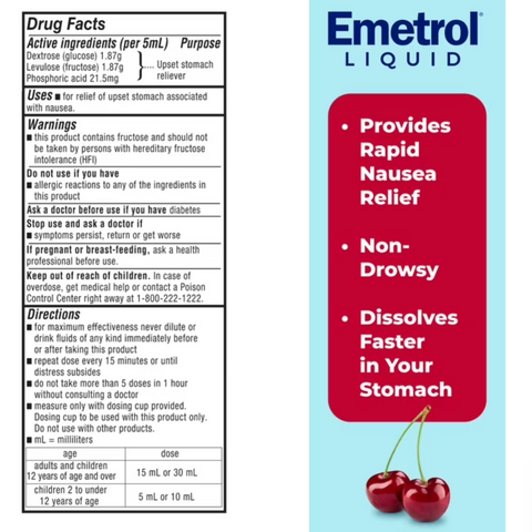 Emetrol Nausea and Upset Stomach Relief Liquid Medication, Cherry Flavor, 4 oz