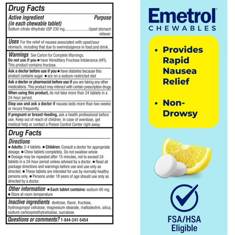 Emetrol Non-Drowsy Lemon Flavor Chewable Tablets for Rapid Nausea Relief, 42 Count