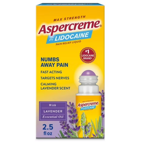 Aspercreme Max Strength Topical Numbing Pain Reliever Roll-on Liquid, 4% Lidocaine, Lavender, 2.5 fl oz
