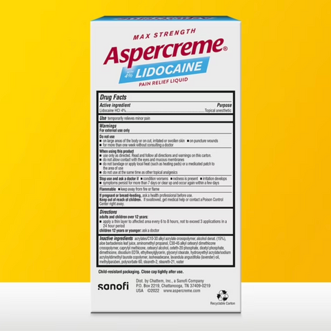 Aspercreme Max Strength Topical Numbing Pain Reliever Roll-on Liquid, 4% Lidocaine, Lavender, 2.5 fl oz