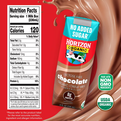 Horizon Organic Lactose Free, No Added Sugar Chocolate Milk, 8 fl, 6 Count