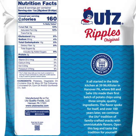 Utz Ripples Original Potato Chips, Family Size, 7.75oz