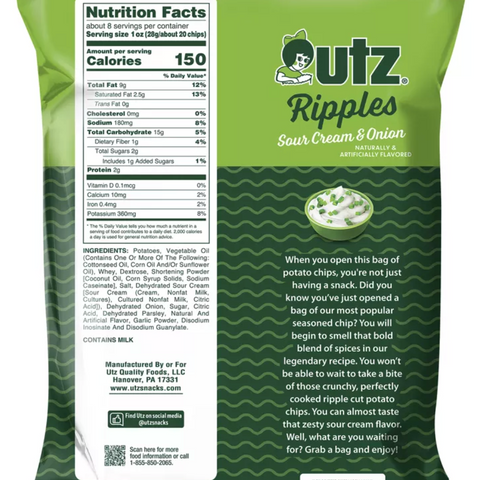 Utz Ripples Sour Cream & Onion Potato Chips, Family Size, 7.75oz