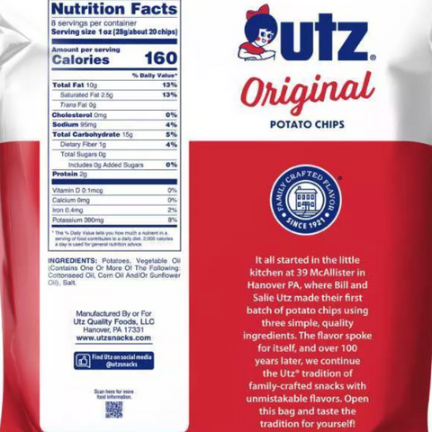 Utz Original Potato Chips, Family Size, 8oz