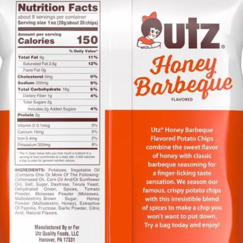 Utz Honey Barbeque Potato Chips, Family Size, 7.75oz