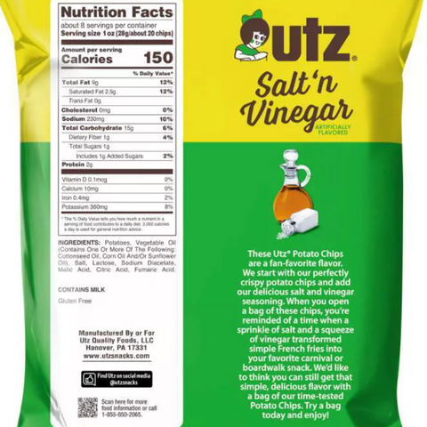 Utz Salt'n Vinegar Potato Chips, Family Size, 7.75oz