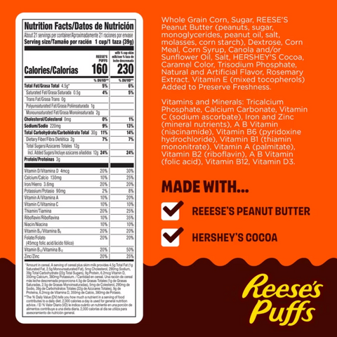 Reese's Puffs Breakfast Cereal, Chocolate Peanut Butter with Whole Grain, Mega Size, 29 oz