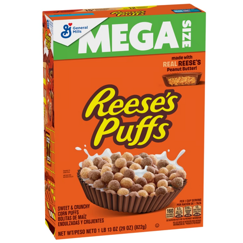 Reese's Puffs Breakfast Cereal, Chocolate Peanut Butter with Whole Grain, Mega Size, 29 oz