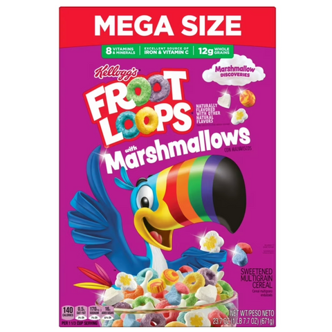 Kellogg's Froot Loops Original with Marshmallows Breakfast Cereal, 12g Whole Grains, Mega Size, 23.7 oz