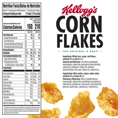 Kellogg's Corn Flakes Original Breakfast Cereal, 8 Vitamins and Minerals, Mega Size, 25.2 oz