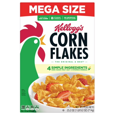 Kellogg's Corn Flakes Original Breakfast Cereal, 8 Vitamins and Minerals, Mega Size, 25.2 oz