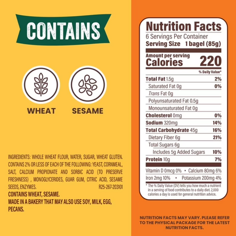 Thomas Bagels, 100% Whole Wheat - 6 Ct