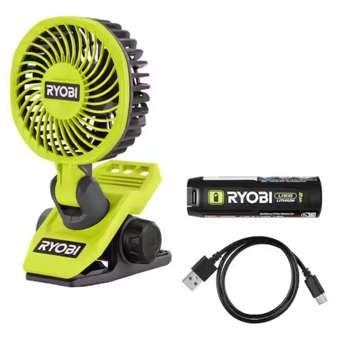RYOBI USB Lithium Clamp Fan Kit with 2.0 Ah USB Lithium Battery and Charging Cable