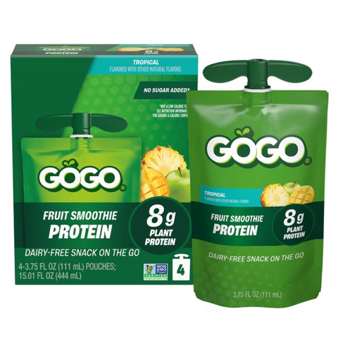GoGo SqueeZ PROTEIN Tropical Fruit Smoothie Pouches, 3.75 fl oz, 4 Count