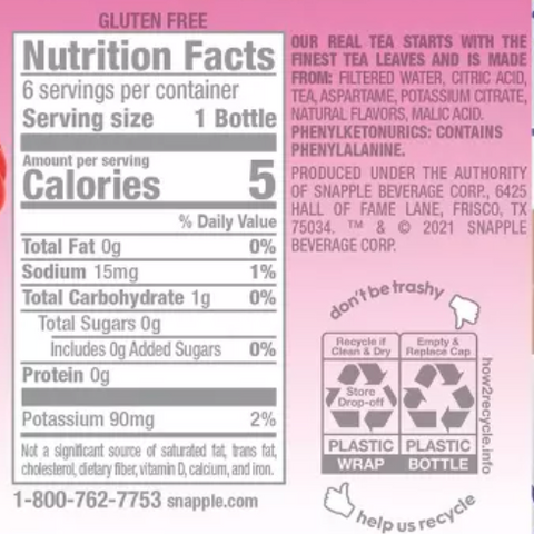 Snapple Zero Sugar Raspberry Tea, 16 fl oz, 6 Count
