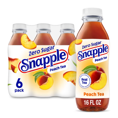 Snapple Zero Sugar Peach, Bottled Tea Drink, 16 fl oz, 6 Count