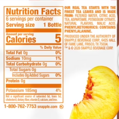 Snapple Zero Sugar Peach, Bottled Tea Drink, 16 fl oz, 6 Count