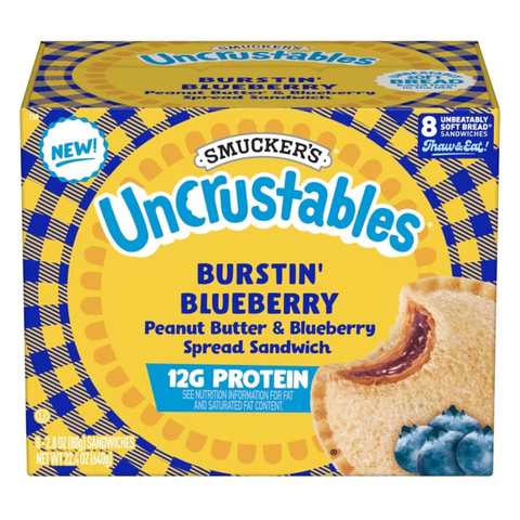 Smucker’s Uncrustables Burstin' Blueberry Morning Protein Snacks, Peanut Butter & Blueberry Spread Sandwiches on Wheat Bread, 8 Count