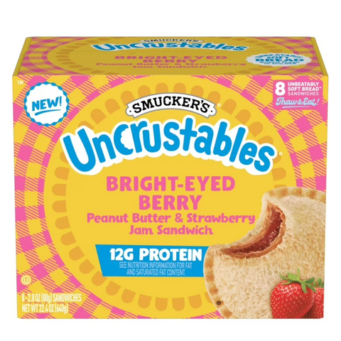 Smucker’s Uncrustables Bright-Eyed Berry Morning Protein Snacks, Peanut Butter & Strawberry Jam Sandwiches on Wheat Bread, 8 Count