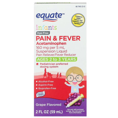 Equate Infants' Pain Reliever/Fever Reducer Acetaminophen Suspension Liquid, Grape Flavor, 160 mg, 2 fl oz