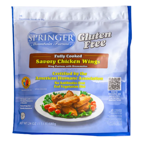 Springer Mountain Farms Frozen Fully Cooked Gluten Free Savory Chicken Wings, 1.5 lb