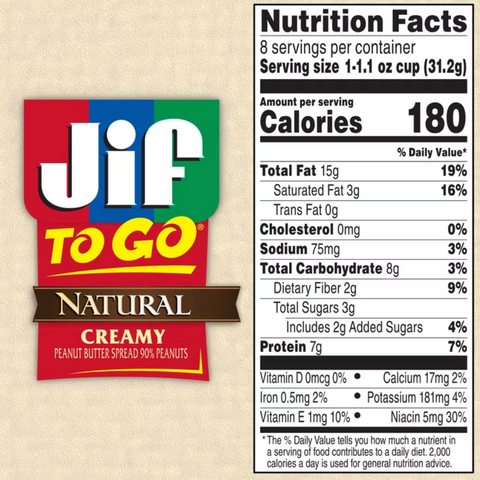 JIF To Go Natural Creamy Peanut Butter Spread, 8 Count