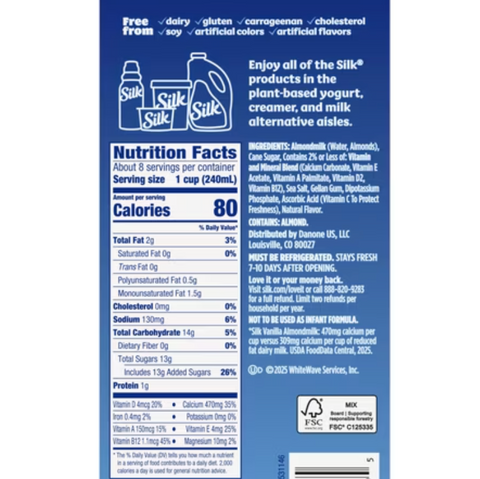 Silk Dairy Free, Gluten Free Vanilla Almond Milk, Plant Based Milk Half Gallon, 64 fl oz