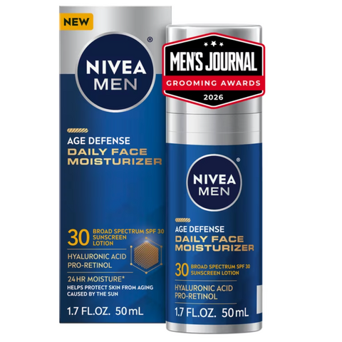 NIVEA MEN Age Defense Daily Face Moisturizer SPF 30, Hyaluronic Acid, Pro-Retinol, 1.7 fl oz