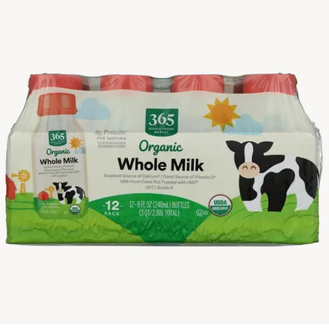 365 Organic Whole Milk Bottles, 8 oz. 12 Count