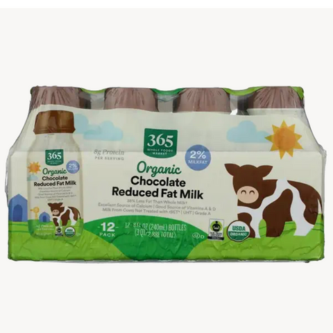 365 Organic 2% Reduced Fat Chocolate Milk Bottles, 8 oz. 12 Count